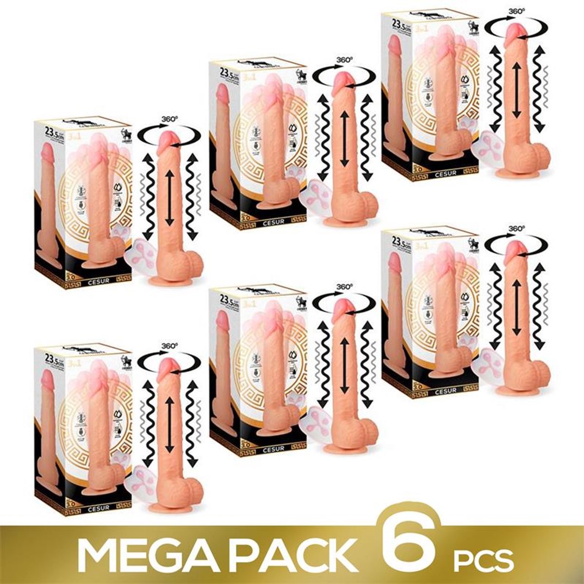 CENTAURO Pak van 6 Cesur 3.0 Realistische Dildo's met Vibratie, 360º Golvende Beweging en Telescopische