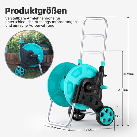 verrijdbare slanghaspel voor 42 m 1/2 inch slang, met wielen, verstelbare leuning en snelkoppeling, montage zonder gereedschap — afbeelding 5