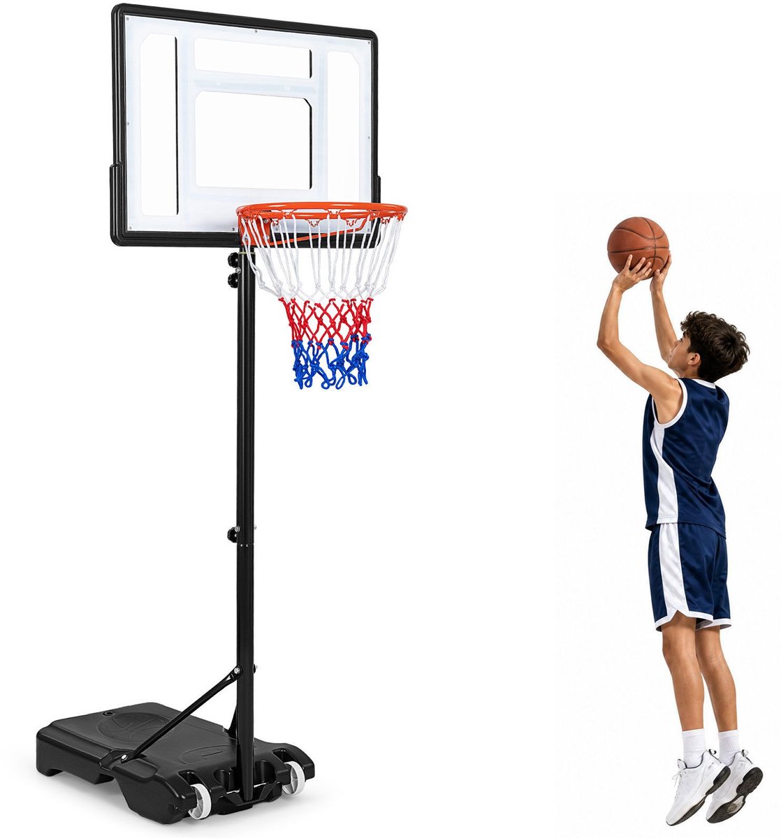 Basketbalpaal - Basketbalring - Verstelbaar in hoogte - Voor buiten - Met wieltjes - Weerbestendig - Zwart