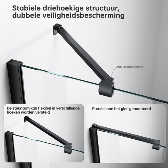 stabilisatiestang 400 mm voor 6-10 mm glas, mat zwart - RVS 304, 180° draaibare wandmontage, vierkant design — afbeelding 3