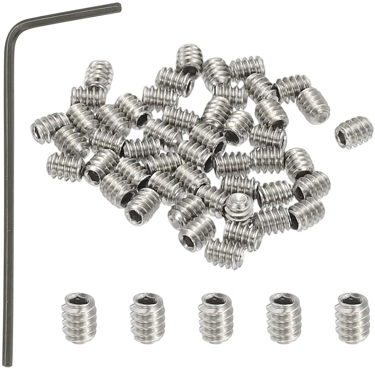 50 stuks 304 roestvrij stalen stelschroeven #4-40x1/8", UNC grove schroefdraad binnenzeskant schroefdraadpennen set met schroevendraaier voor deurklinkhouder meubellampen kraan reparatie
