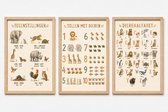 Educatieve Kinderposters met Dieren – Set van 3 A4 Posters met Houten Lijst – Dierenalfabet, Tellen en Tegenstellingen