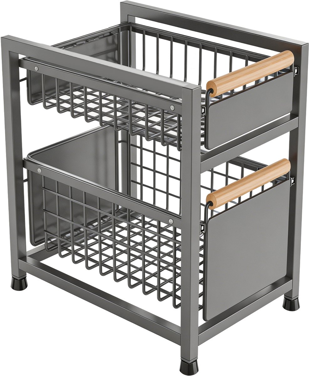 PIPIPOXER Gootsteenkast Organizer - Keukenkast organizer - Gootsteenrek –Dubbel Uitschuifbaar-Opbergrek –Opberglades - Schuiflades - Kast Organizer–Metaal – Antislip - Lade - grijs