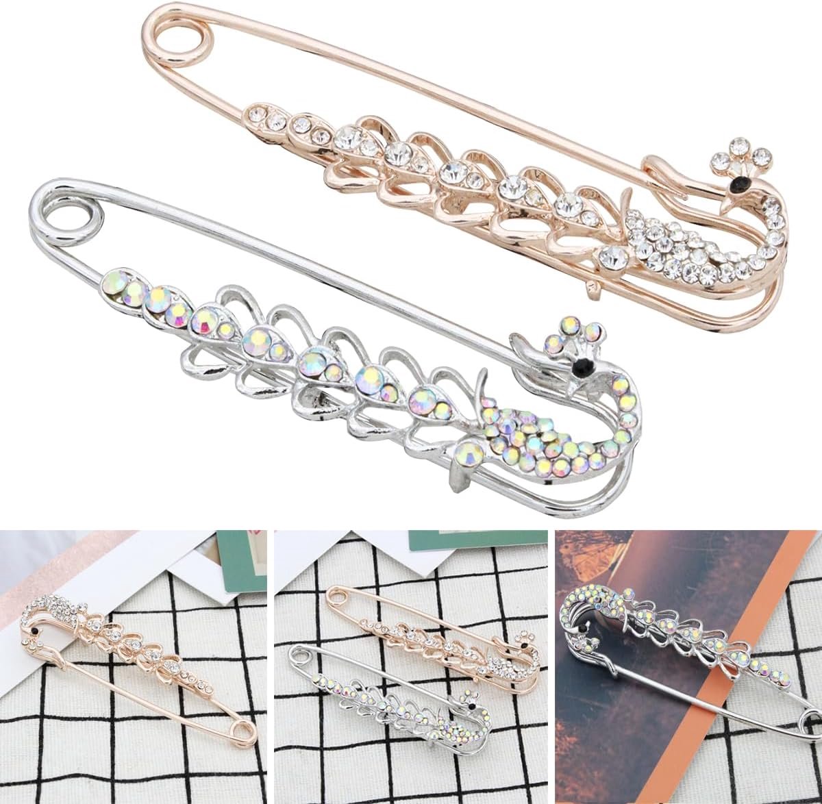 2 stuks veiligheidsspelden met pauw hanger kristal voor dames, sjaal, mantel, jurk, goud/zilver