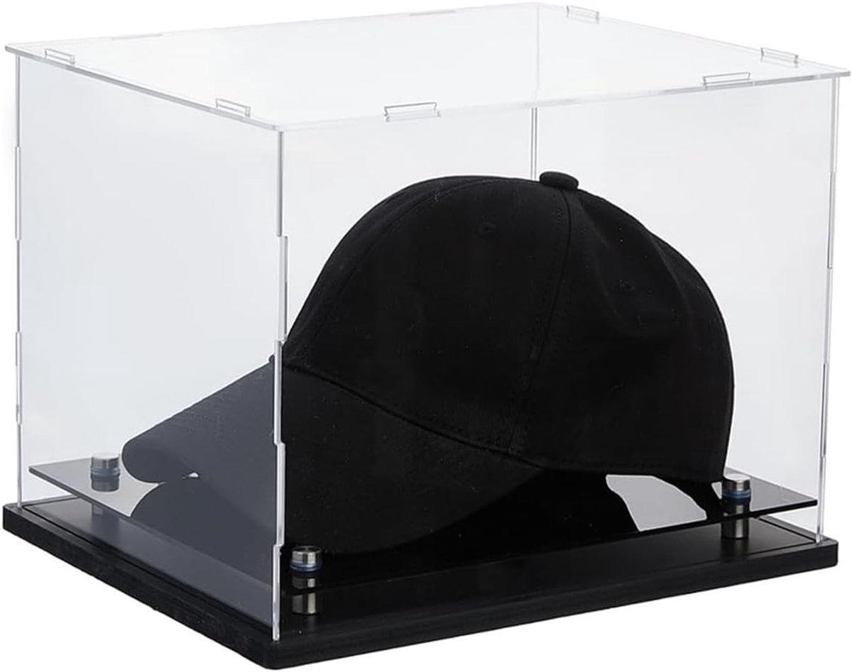 Hoed presentatiedozen, transparante vitrine met stofhoes, doorzichtige houder met zwarte sokkel, 20 x 20 x 25 cm