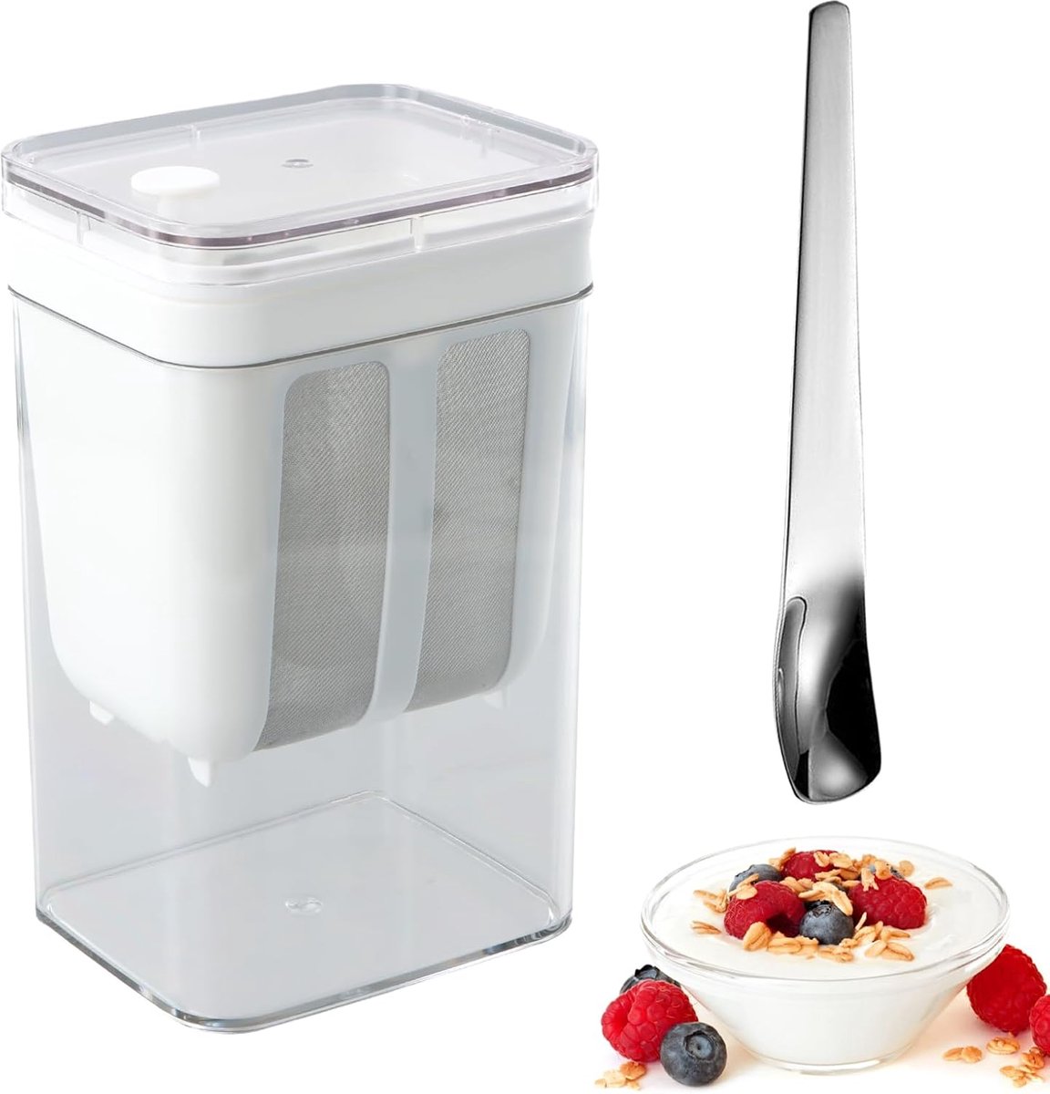 yoghurtmaker, yoghurtwei-scheiding, Griekse yoghurt maken, met roestvrijstalen gaasfilter, wasbaar 1100 ml grote capaciteit, gebruikt om dikke Griekse yoghurt, sojamelk, sap, thee te