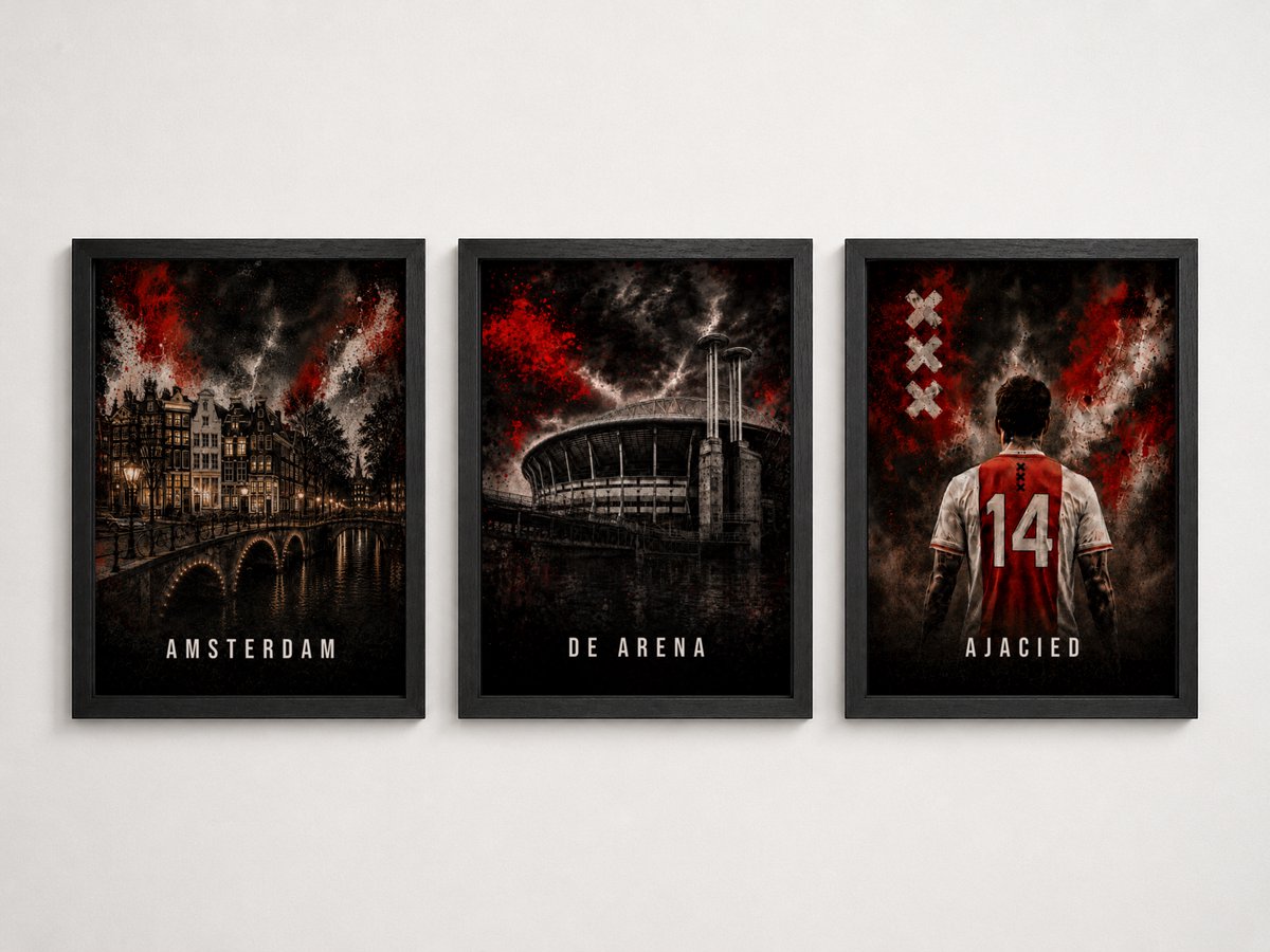 Ajax Drieluik | Posterset Amsterdam, De Arena en Ajacied | Voetbal Wanddecoratie | Inclusief 3 Zwarte A4 Lijsten
