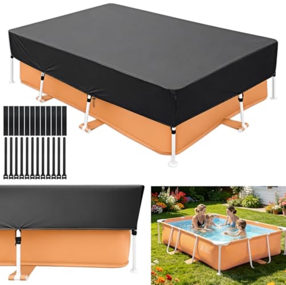 Rechthoekige zwembadafdekking 225x150x30 cm, waterdicht, UV-bescherming, 210D Oxford-stof, voor opbouwzwembad