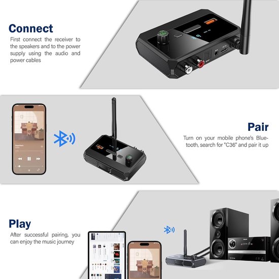 Draadloze Audio Ontvanger - Muziek Adapter - Stereo Streamen - Bluetooth 5.3 - 10 Meter Bereik - Zwart — afbeelding 2