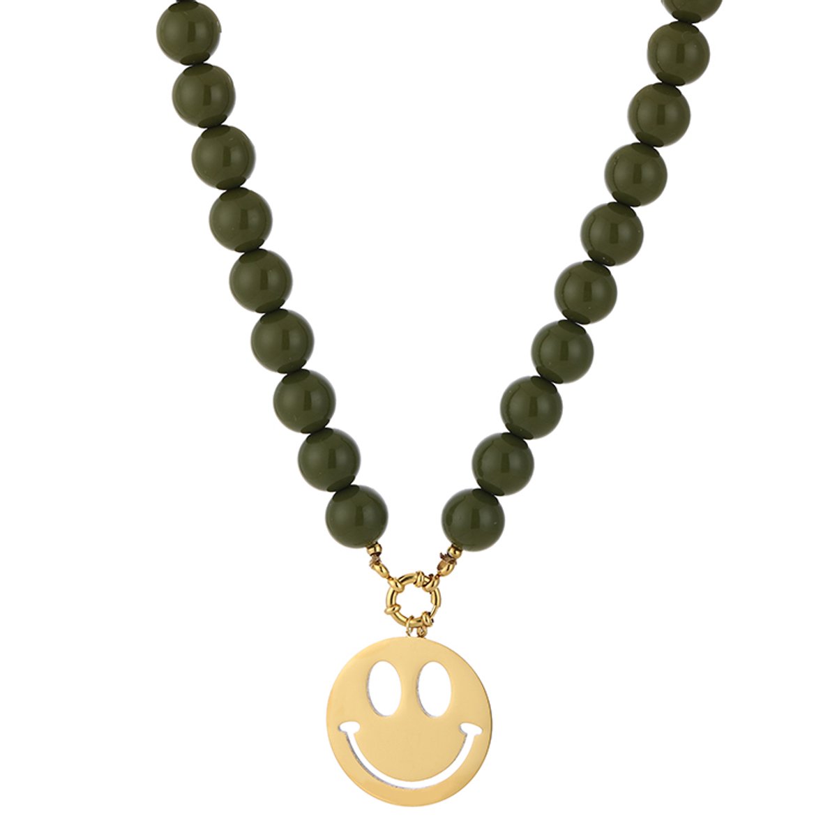 Smiley Pendant Round Bead Necklace – Kralen Ketting met Happy Face – RVS - Groen