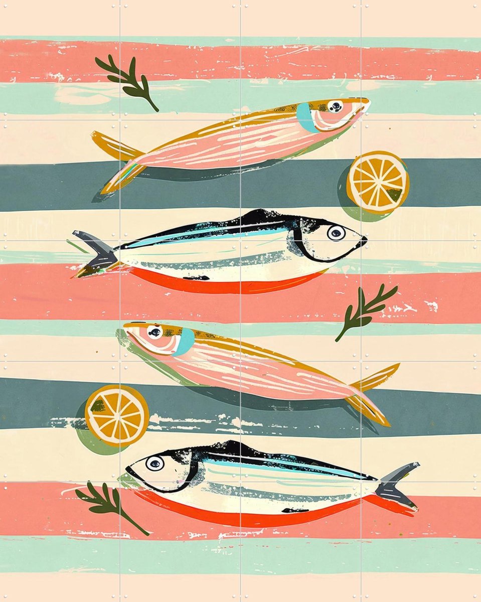 IXXI Sardines on Stripes, Branka Kodžoman - 80 x 100 cm - Gratis ophangtool - Grote wanddecoratie en posters - Kleurrijk, Speels, Strepen, Eetkamer