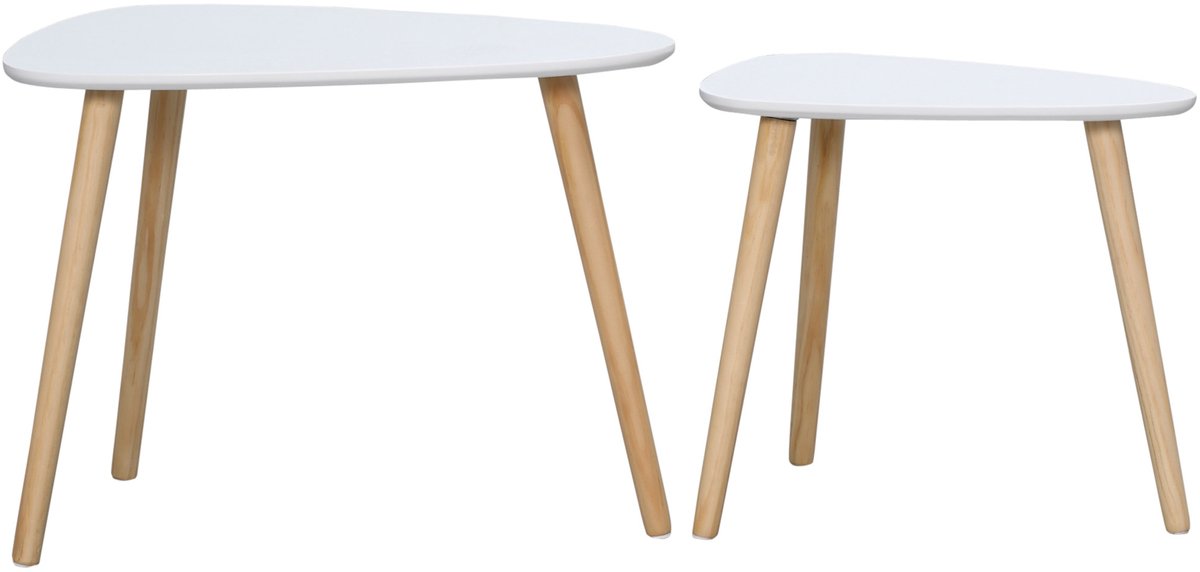 set van 2 bijzettafels, ruimtebesparende settafels, salontafels met houten poten, banktafels in Scandinavisch design voor de woonkamer Maximale belasting tot 10 kg wit+naturel