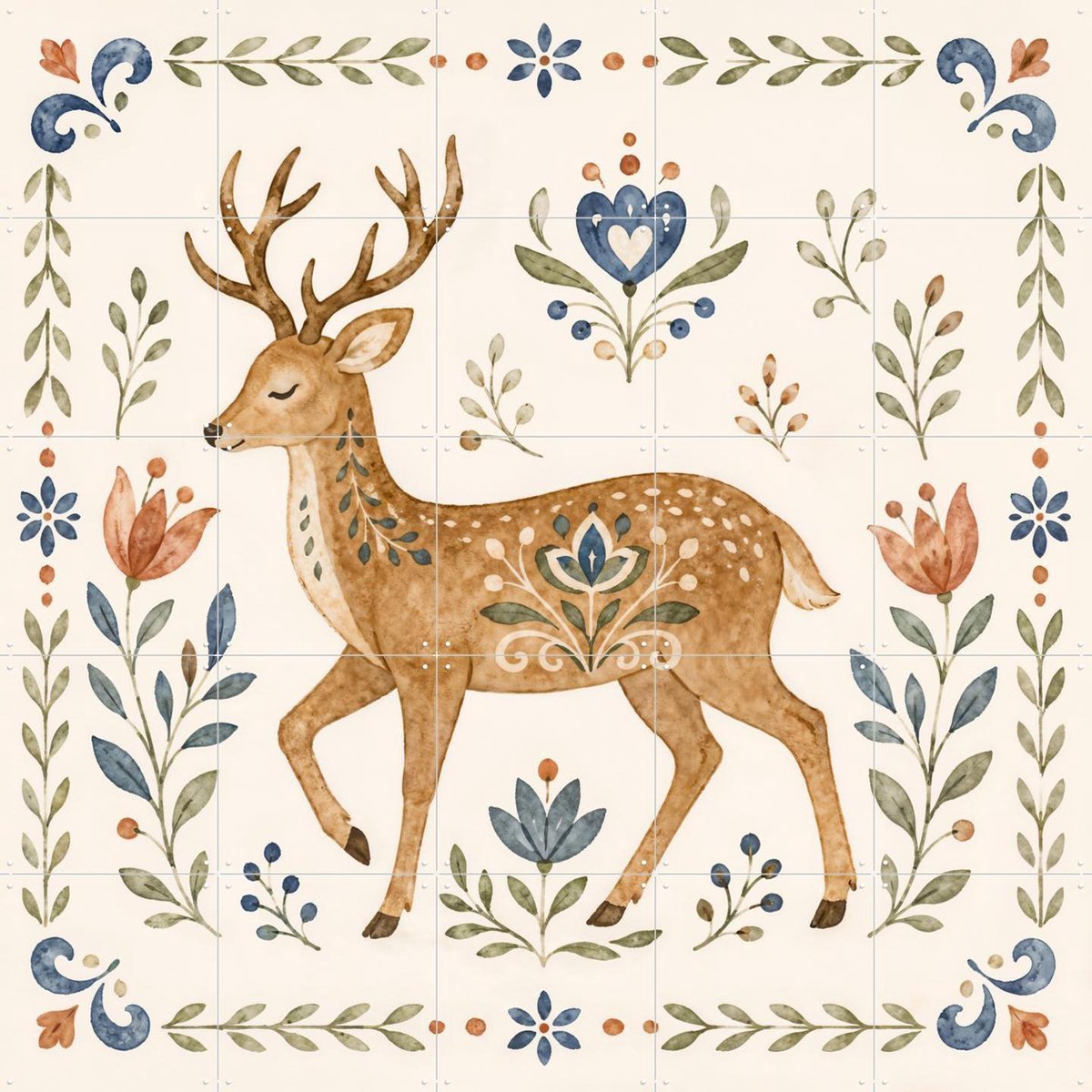 IXXI Folk Art - Hert in Aquarel, Natalie Bruns - 100 x 100 cm - Gratis ophangtool - Grote wanddecoratie en posters - Decoratieve kunsten, Aquarel