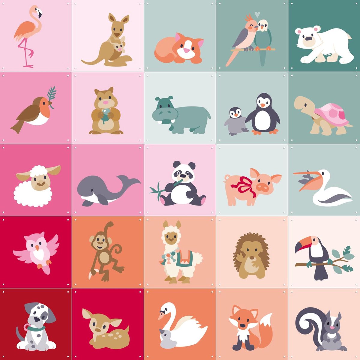 IXXI Cute Animals Collagebox, Eline Pellinkhof - 100 x 100 cm - Gratis ophangtool - Grote wanddecoratie en posters - Decoratieve kunsten, Kleurrijk