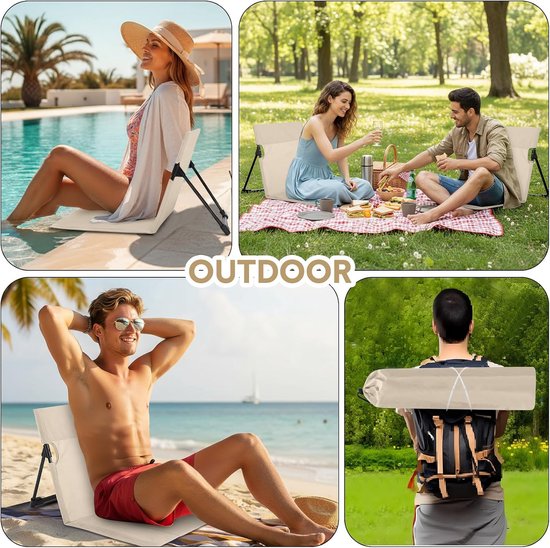 Strandstoel Opvouwbaar - opvouwbare kampeerstoel - Vloerstoel Inklapbaar met Rugleuning - met opbergtas - Campingstoel - Vouwstoel / kussen - Strandmat - Picknick - Strandstoelen - Strandmatten - ligbed - Klapstoel - Ligstoel - Khaki — afbeelding 4