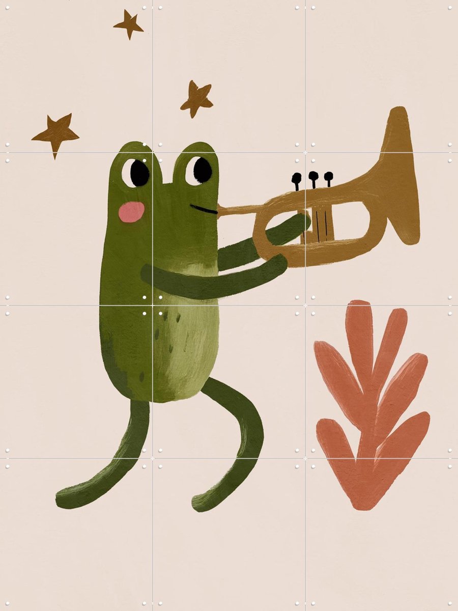 IXXI Frog and Trumpet, Treechild & Various - 60 x 80 cm - Gratis ophangtool - Grote wanddecoratie en posters - Kleurrijk, Speels, Fantasierijk