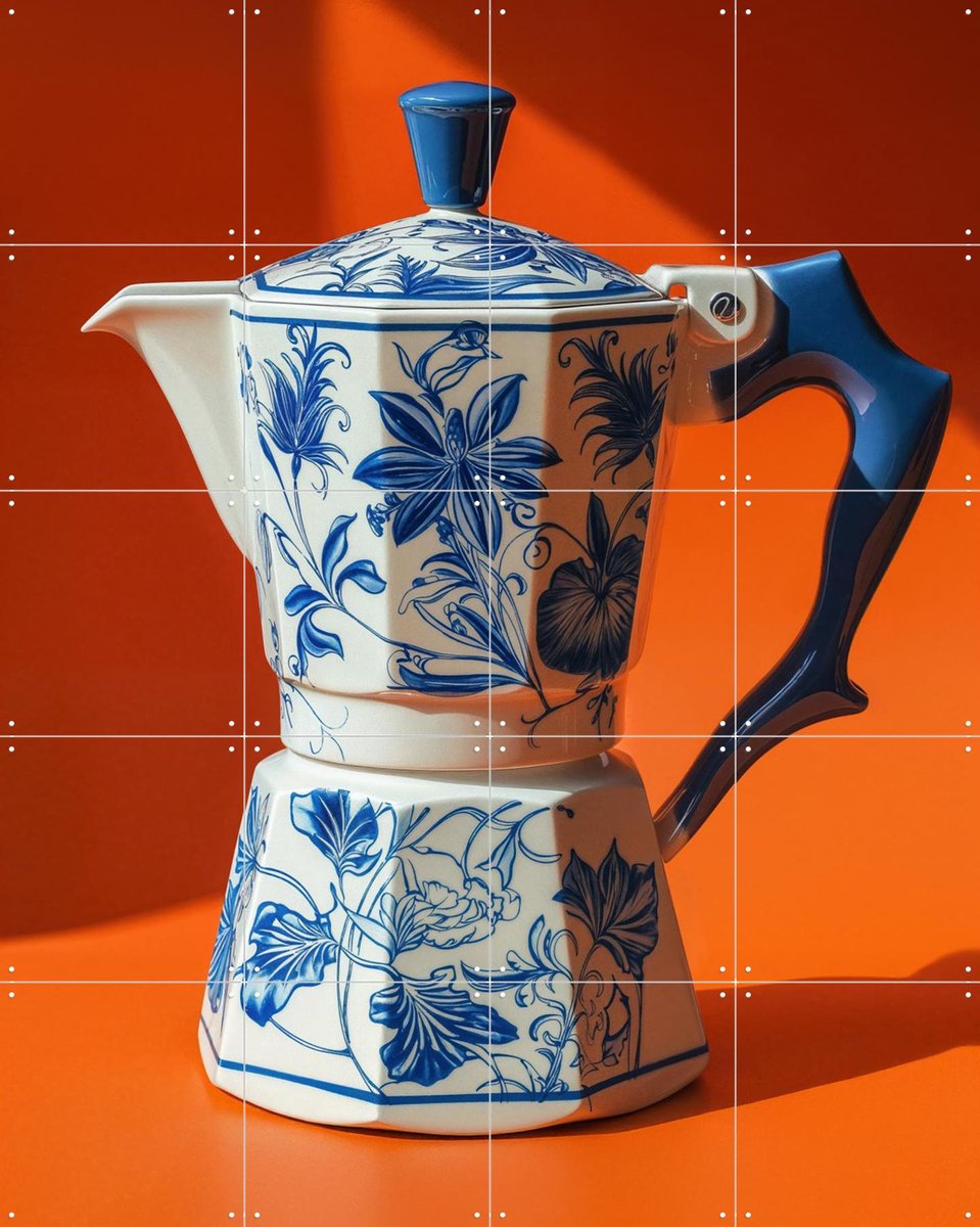 IXXI Oranje Delfts Blauw Percolator, OTTI - 80 x 100 cm - Gratis ophangtool - Grote wanddecoratie en posters - Vintage, Klassiek, Kleurrijk, Speels