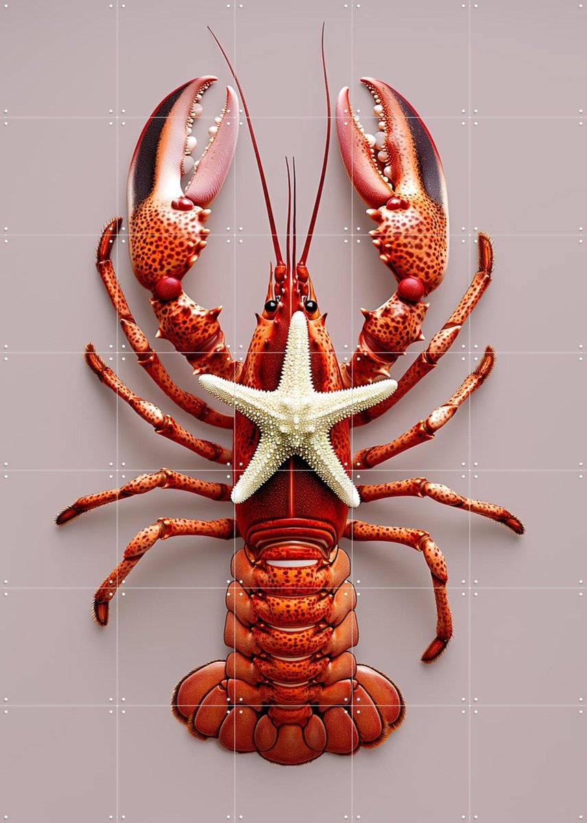 IXXI Red Lobster with Starfish - Pastel Pink, OTTI - 100 x 140 cm - Gratis ophangtool - Grote wanddecoratie en posters - Kleurrijk, Modern