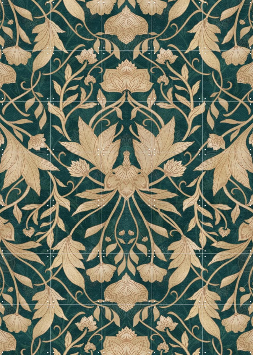 IXXI Morris Vintage Floral Damask Teal Gold, Bloomery Decor - 100 x 140 cm - Gratis ophangtool - Grote wanddecoratie en posters - Geometrische Kunst