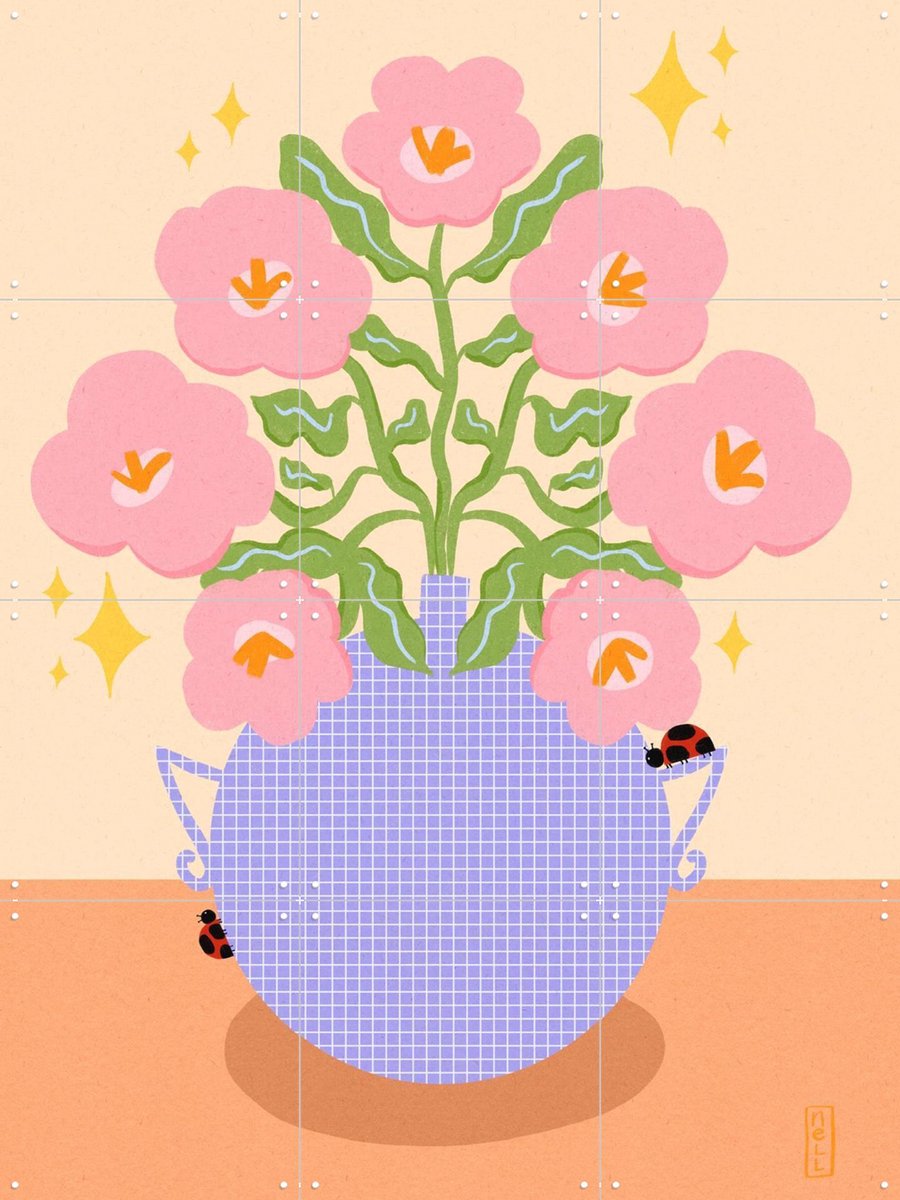 IXXI Pink Retro Flowers in a Vase Illustration, Dirkie Nell & Various - 60 x 80 cm - Gratis ophangtool - Grote wanddecoratie en posters -