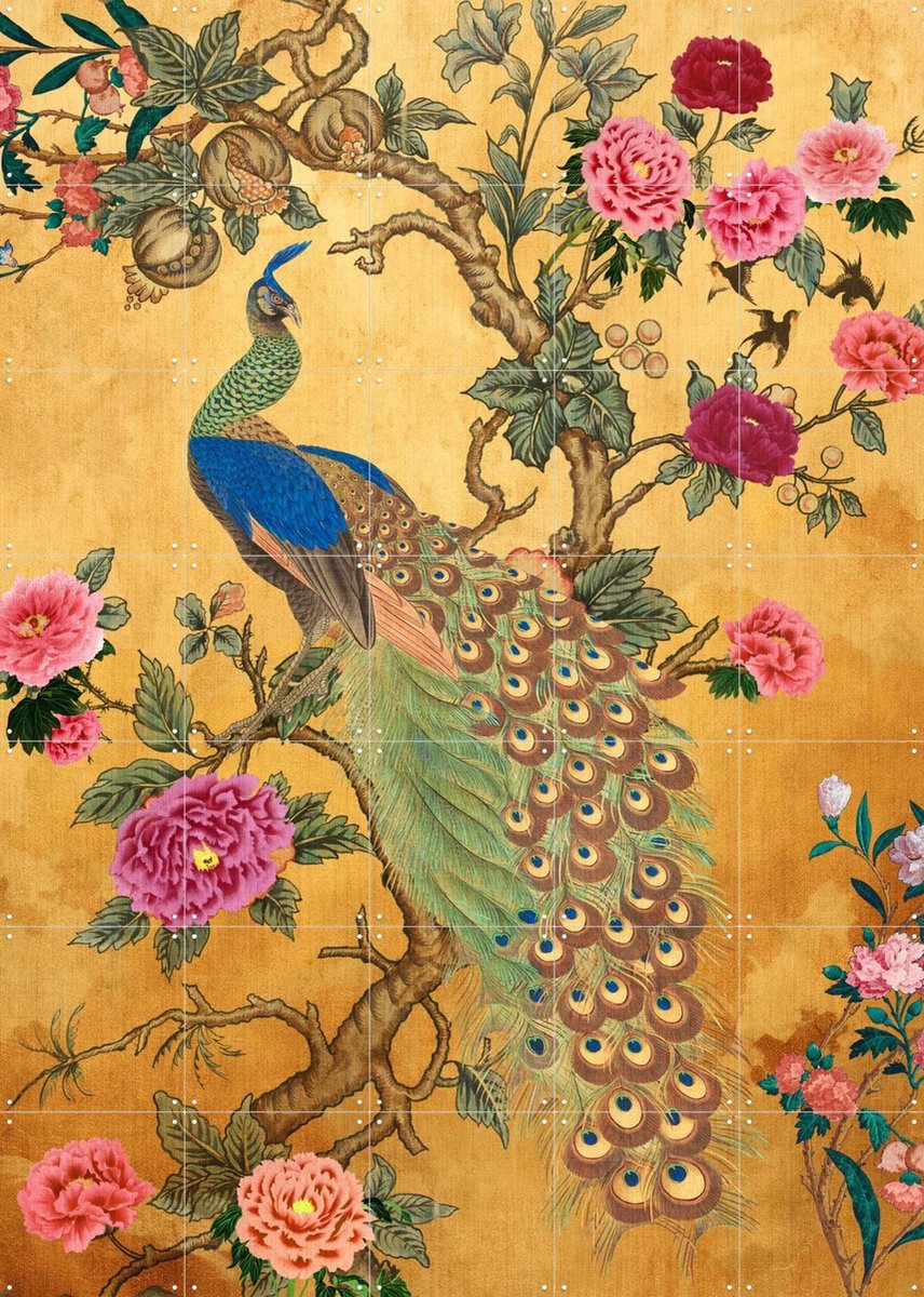 IXXI Japanese Peacock and Cherry Blossom, Bloomery Decor - 100 x 140 cm - Gratis ophangtool - Grote wanddecoratie en posters - Klassiek, Trap