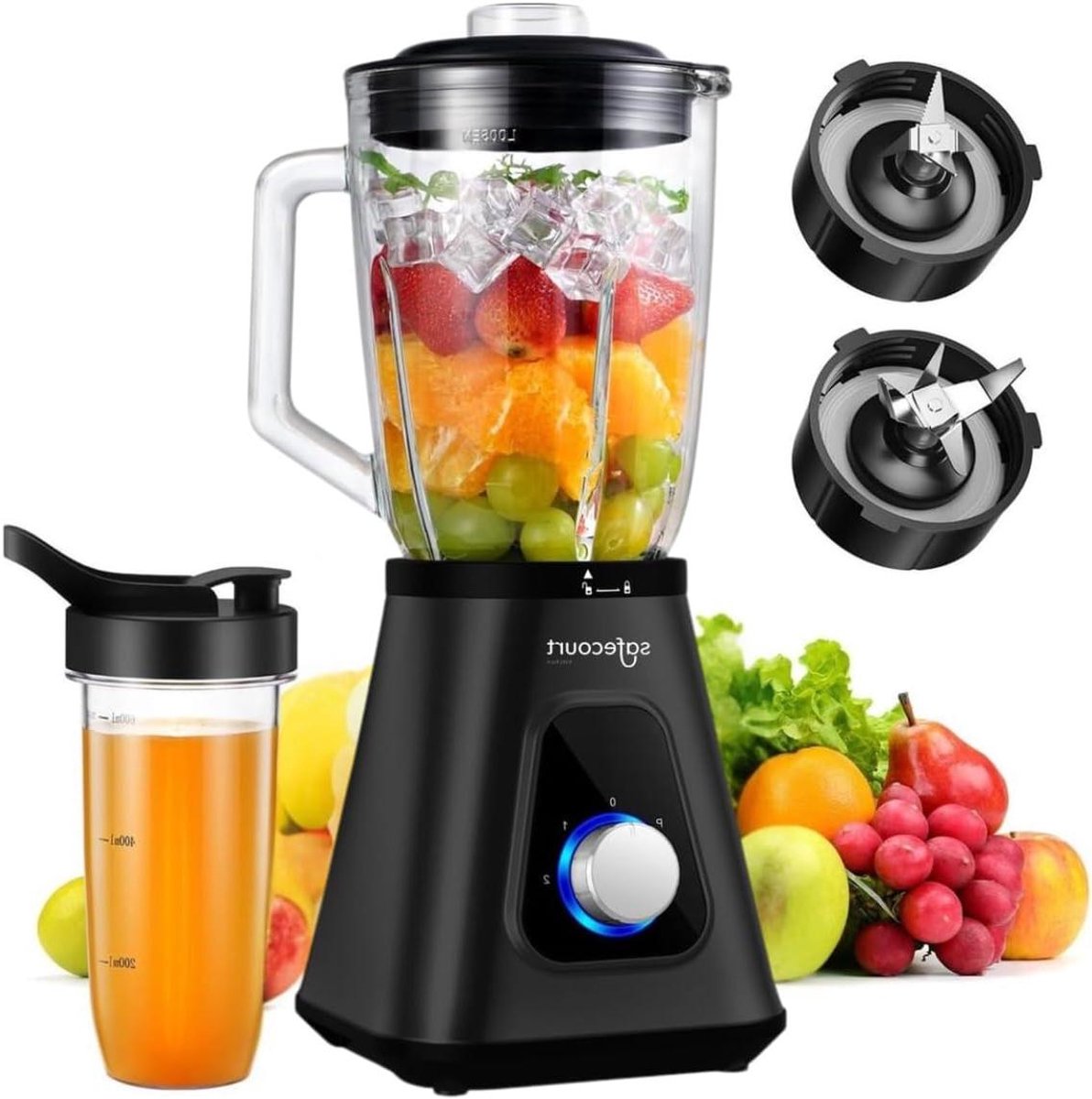 Keuken Blender - Smoothie Maker - Gezond Ontbijten - Krachtige 1200W Motor - 1.5L Glas & 600ml Cup - Zwart