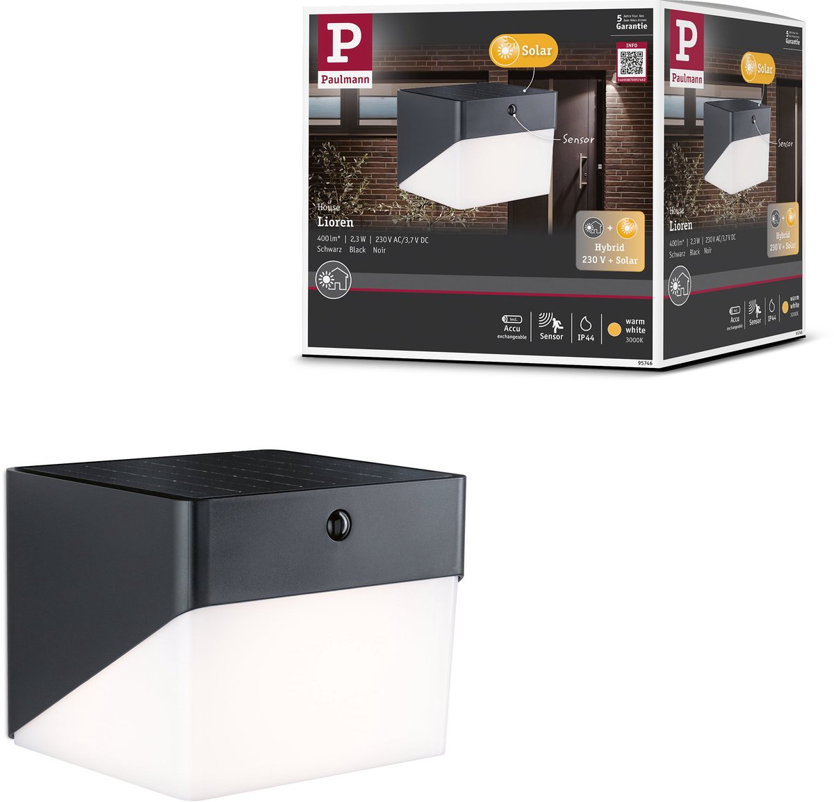 Hybrid LED-wandarmatuur voor buiten Lioren House 230V + Solar IP44 hoekig 170x170 mm 3000K 2,3W 230lm 230V Zwart