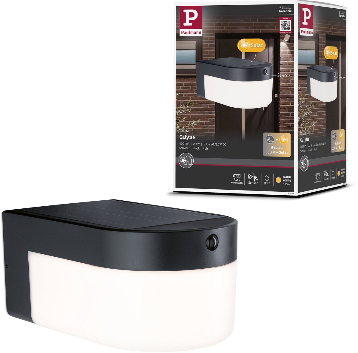 Hybrid LED-wandarmatuur voor buiten Calyne House 230V + Solar IP44 hoekig 145x229 mm 3000K 2,3W 230lm 230V Zwart