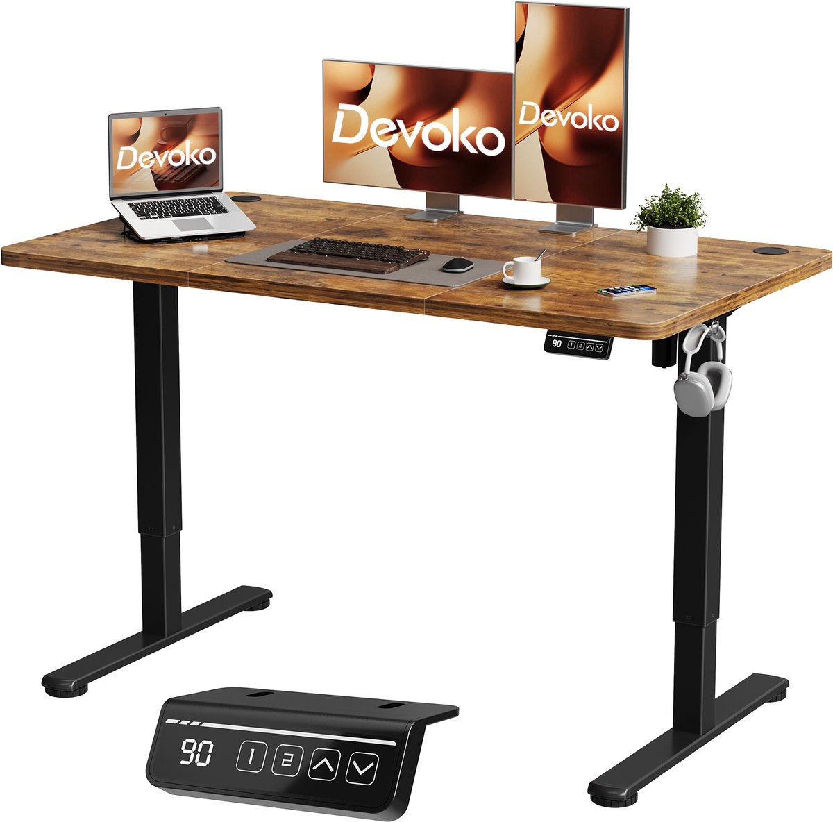 Devoko Elektrisch Verstelbaar Bureau 120x60 cm – Stille Motor met Geheugenfunctie – 4 Knoppen Handbediening – Compact Bureau – Bruin