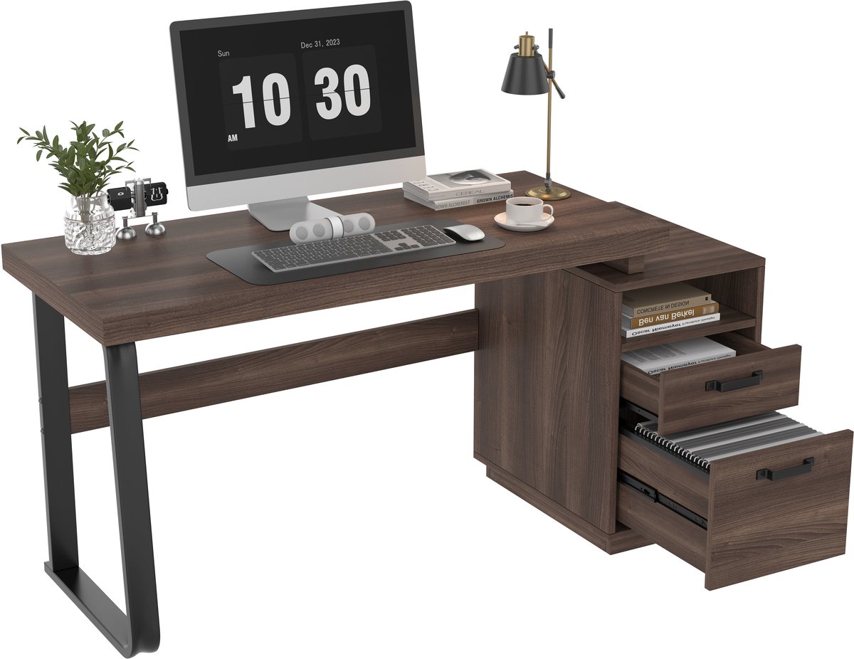 Bureau - Computertafel & Schrijftafel Met Hangmap Lade 135 cm - Bruin