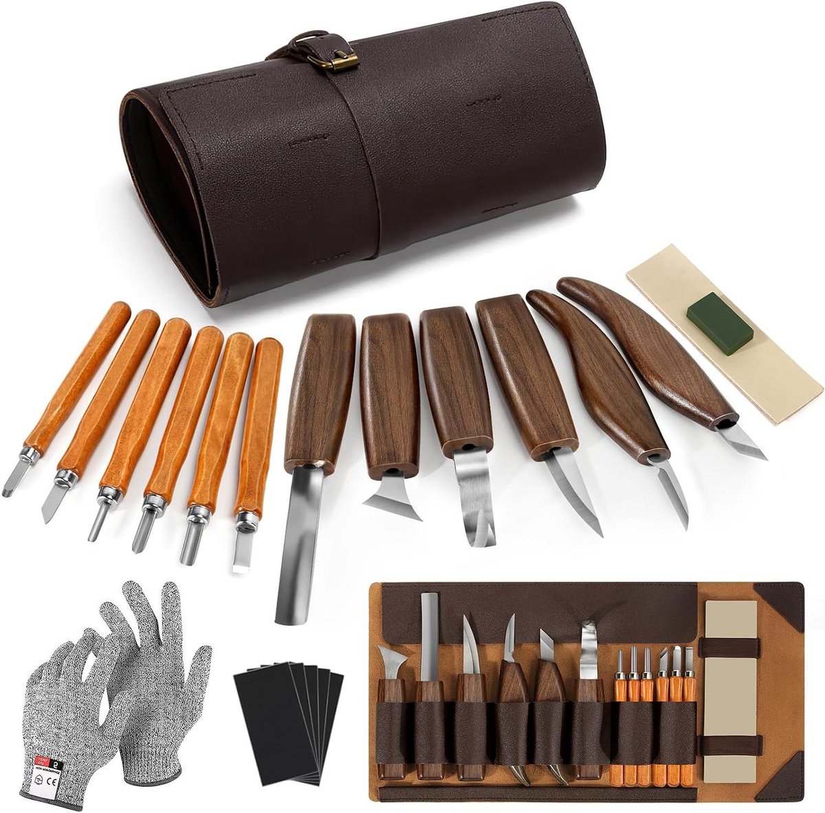 Houtsnijgereedschap Set - Snijmessen - Houtbewerking Hobby - 17 Delig Inclusief Accessoires - 12 Messen - Bruin
