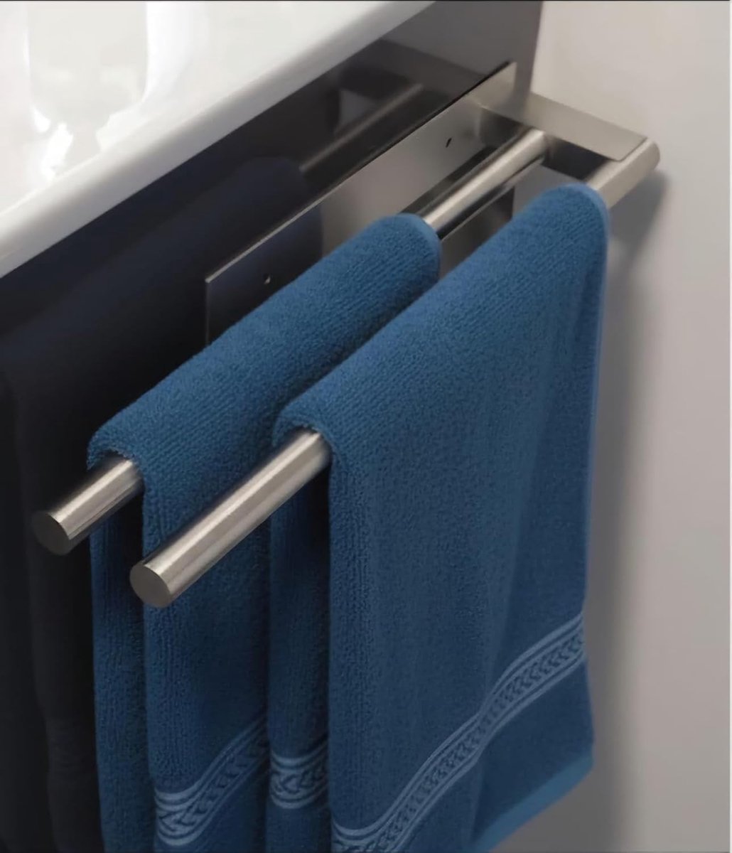 Roestvrijstalen handdoekhouder zonder boren, dubbele lijm, wandmontage met twee armen, roestbestendig, krasbestendig, eenvoudige installatie, modern design (zilverkleurig)