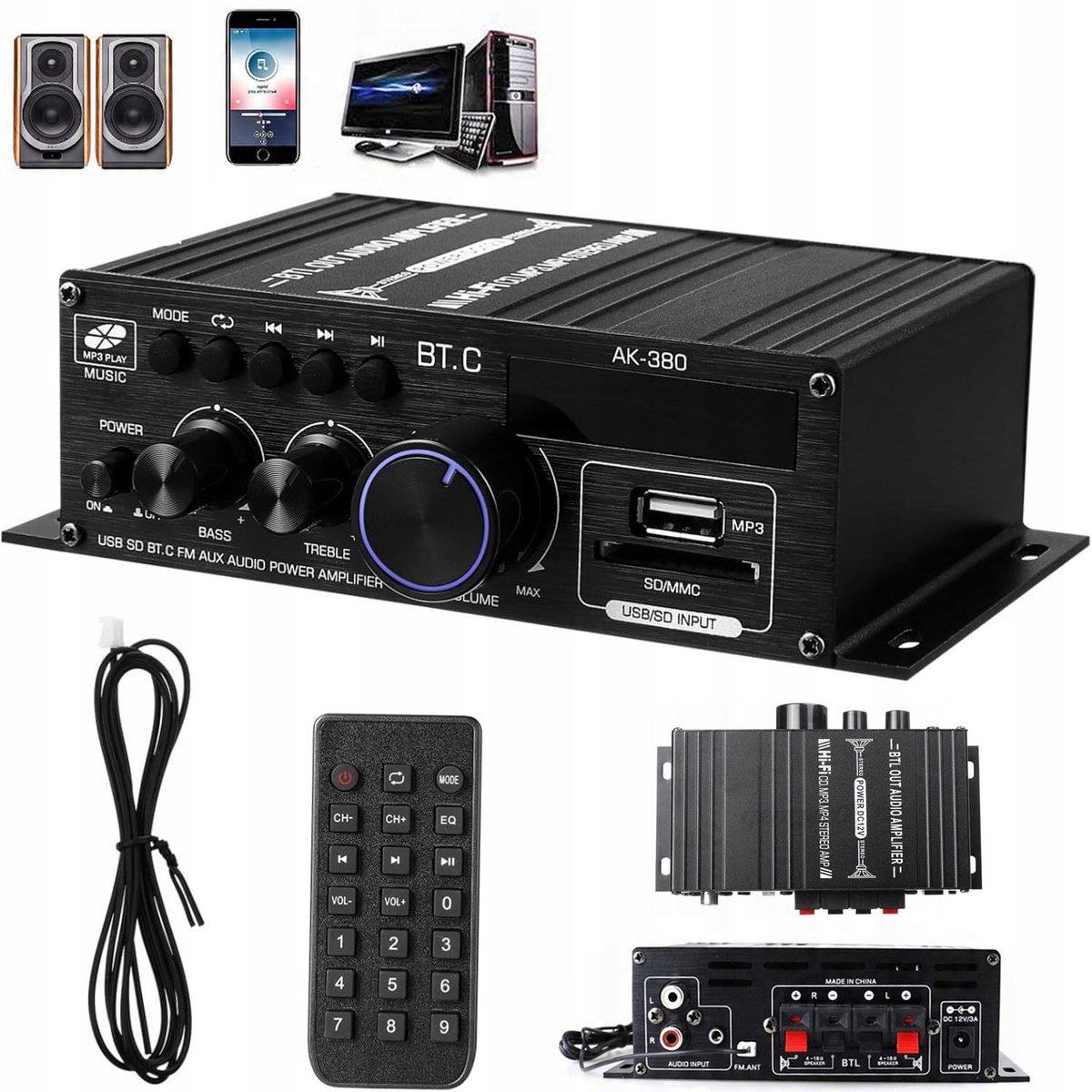 12V Bluetooth Versterker 40W - 2.0 Stereo & Aluminium Behuizing - FM USB SD Multi-source - 90dB Signaal-ruis & 20Hz-20kHz - Incl. Afstandsbediening - Voor Thuis & Auto