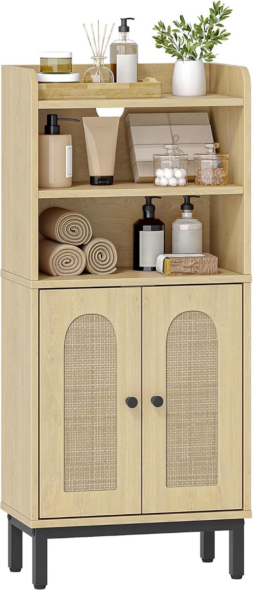 Hzuaneri Badkamerkast, badkamerkast, 2 verstelbare planken | Keukenkast met 2 open vakken, 2 deuren, vrijstaande badkamer, 20 × 37 × 84 cm, licht eiken