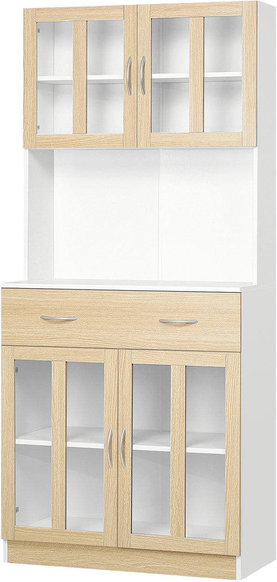 Keukendressoir, keukenkast, multifunctioneel, 4 deuren, glazen vitrine, met uittrekbare lade, groot dienblad van hout, wit, licht eiken look