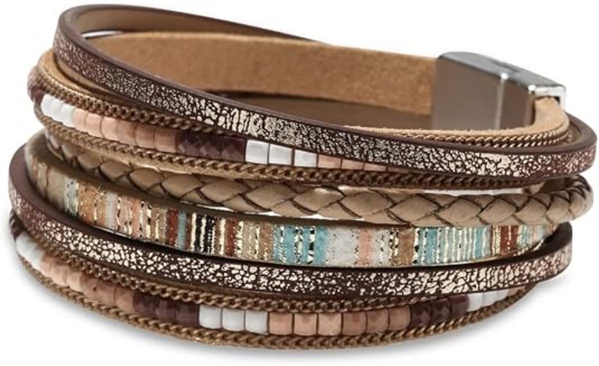 Daity Leren wikkelarmbanden voor dames-Boho-manchetarmband met luipaardprint-meerdere lagen en kristallen kralen