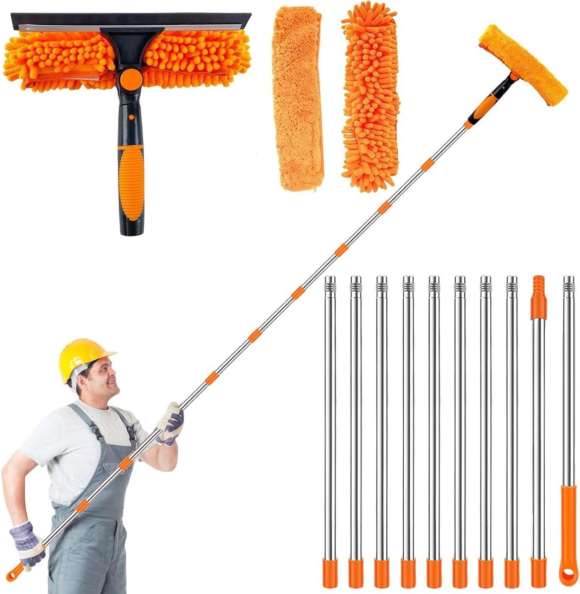 Raamreiniger Telescoop - Raamwisser Set - Hoge Ramen Schoonmaken - 180 Graden Draaibare Kop - 45 Meter Uitschuifbaar - Oranje
