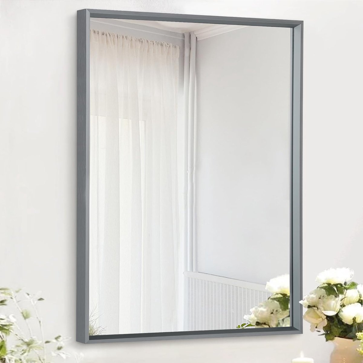 SnelShoppen - Decoratieve rechthoekige badkamerspiegel van metaal met frame, 50 x 40 cm, make-uptafelspiegel voor slaapkamer, woonkamer, badkamer en h