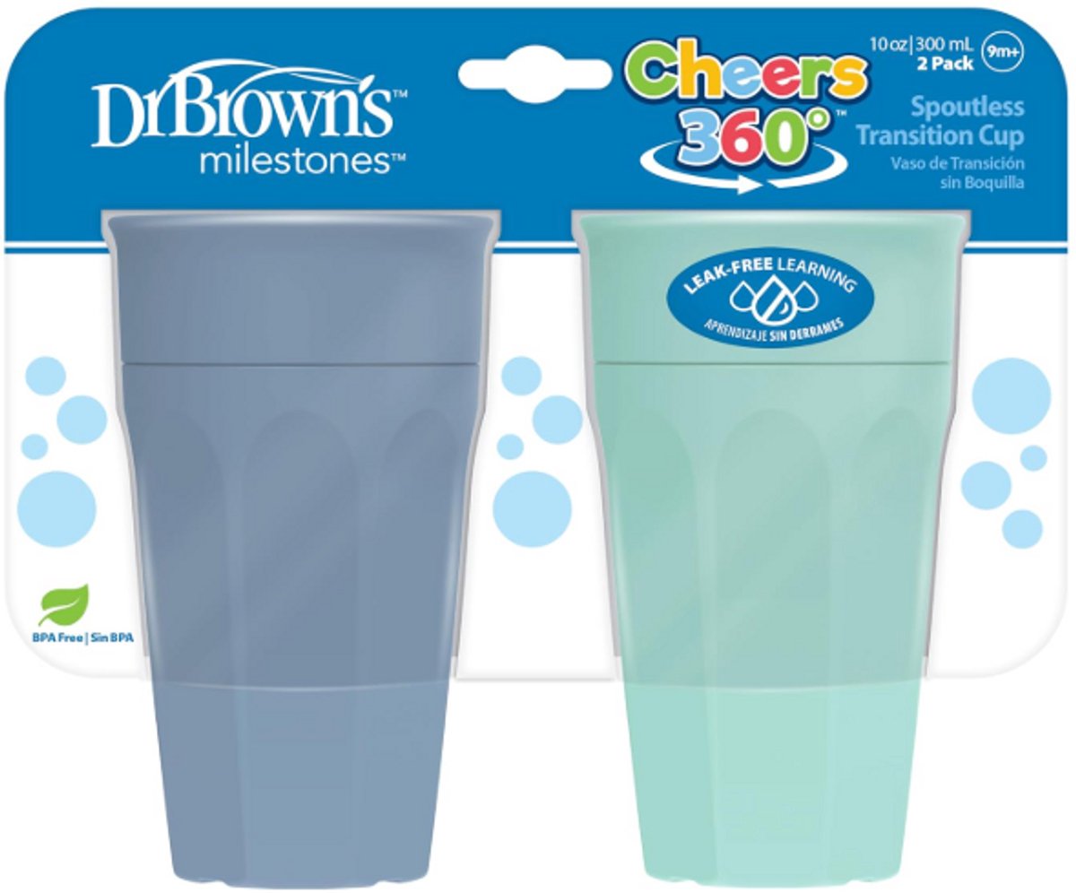 Dr. Brown's Milestones Cheers 360° Oefenbeker 300ML (Aqua/Blauw) – Tuitloze Lekvrije Drinkbeker – BPA-vrij – Vanaf 9 Maanden