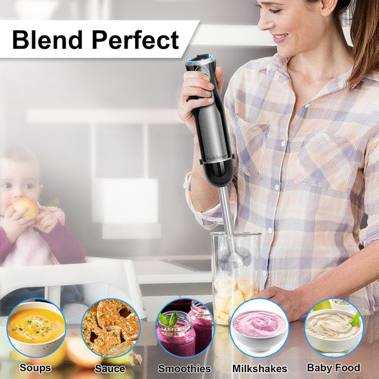 Staafmixer 1000W - Keukenmixer - Eten Bereiden - 20 Snelheden Turbo - Niet gespecificeerd - Zwart van Staafmixer 1000W — afbeelding 4