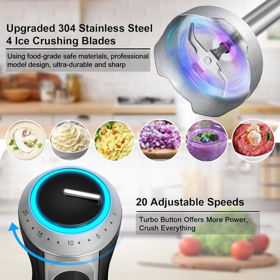 Staafmixer 1000W - Keukenmixer - Eten Bereiden - 20 Snelheden Turbo - Niet gespecificeerd - Zwart van Staafmixer 1000W — afbeelding 2