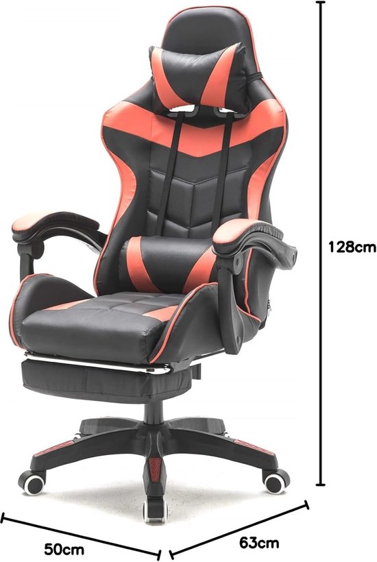 Bureau Stoel - Comfortabele Zetel - Thuiswerken Spelen - Met Verstelbare Voetensteun - 84 cm Hoog - Rood Zwart — afbeelding 4
