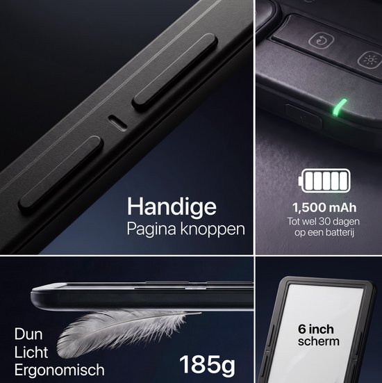 Details van zwarte Relore e-reader: pagina knoppen, batterij-indicator, dun en licht design.