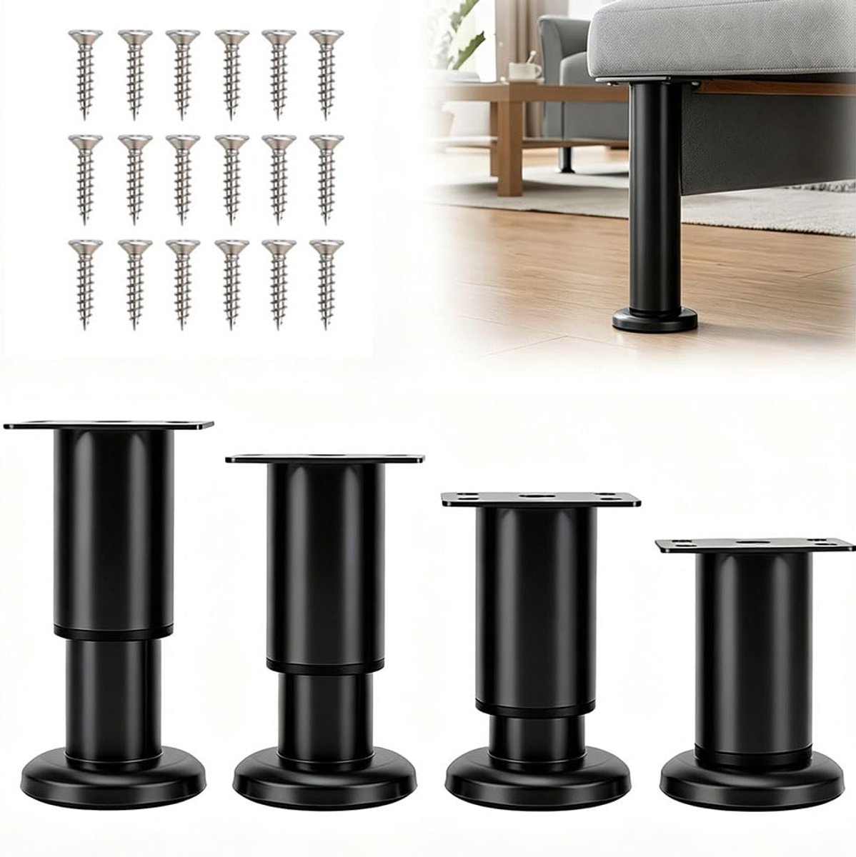 verstelbaar, 8-12 cm, 4 stuks, zwart, in hoogte verstelbaar, metaal, in hoogte verstelbare poten voor meubelpoten, kastpoten, tafelpoten, commodepoten, bedpoten