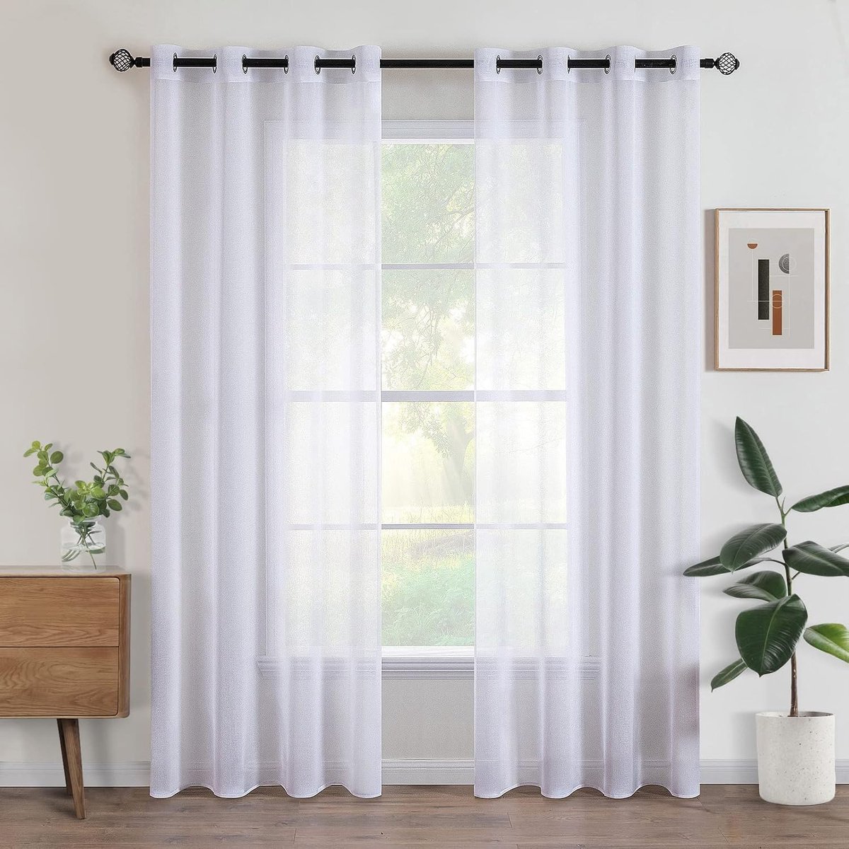 Set van 2 transparante gordijnen met ringen, semi-transparante binnengordijnen voor slaapkamer, woonkamer, huis, 140x200 cm, wit