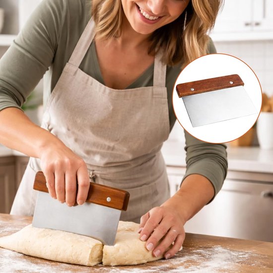 deegschraper set van 2 roestvrijstalen deegstekers met ergonomische houten handgreep, nauwkeurig snijden en portioneren van brood en pizza, bakaccessoires, multifunctioneel — afbeelding 5