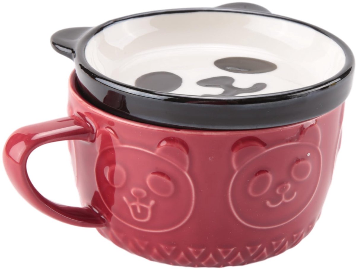 keramische koffiekopjes met deksel, schattige , porseleinen kopjes, familie, ontbijtstuk, melk, , drinken (rood)