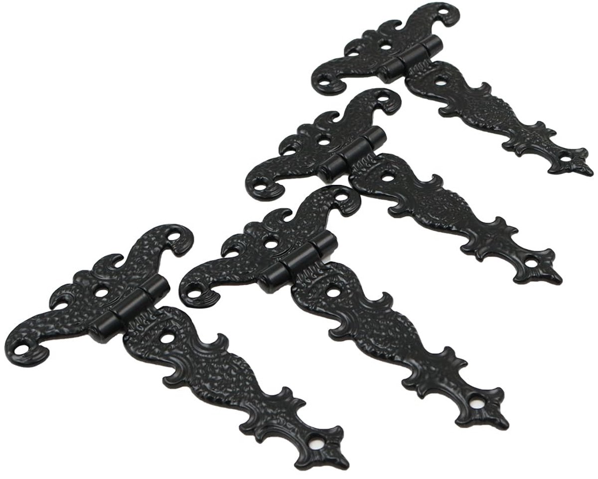 4 stuks klassieke decoratieve T-scharnieren, zware zinklegering T-vormige gesneden scharnieren voor meubels, boekenplank, houten kist (zwart)