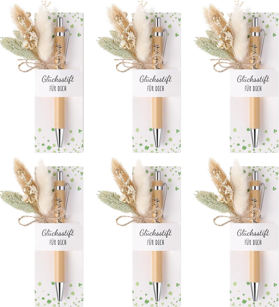 Cadeaus Inclusief Houten Balpen Met Gravering Boeket Van Echte Gedroogde Bloemen Papieren Penhouder voor afscheidscadeau Leraar Collega Vriend(6 Sets,GLÜCKSTIFT FÜR DICH)