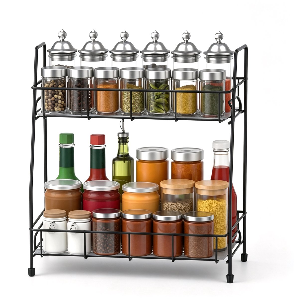 longziming -2 Etages Kruidenrek – Metalen Kruidenhouder – Keuken Organizer voor Werkblad – Ruimtebesparend Opbergrek – Mat Zwart Design – Voor Kruidenpotjes en Keukenaccessoires